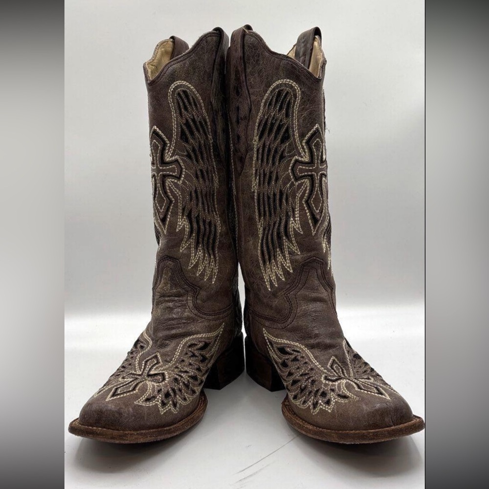 Corral Brown Leather Boots w/Sequined andEmbroidered Wings and Cross Size 8Wide